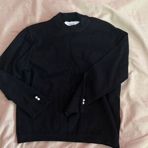 Zara Black Crewneck Sweater with Pearl Cuff Buttons